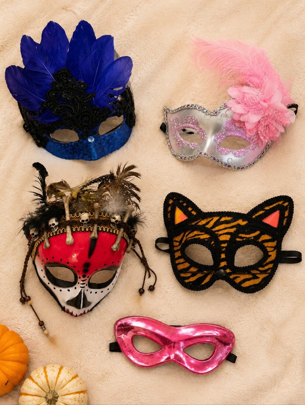 5 Piece Masquerade Halloween Costume Mask Lot Spirit Feather Tiger skull-themed